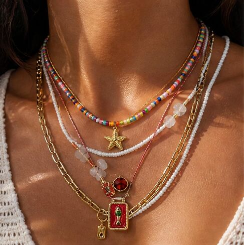 Bohemian Layered Necklace Set Multi Layered Chain Pendant Necklace for Women in Saudi Arabia