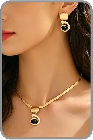 Gold Jewelry Set For Women，Herringbone Snake Chain Choker Necklace with Black Round Disc Pendant Earrings Chunky Adjustable Vintage Statement Boho Jewelry Set Fashion Jewelry Gift in Saudi Arabia