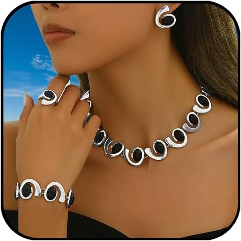 Gold & Silver Tone Black Inlay Jewelry Set for Women 4-Piece Vintage Statement Necklace Earrings Bracelet Ring Set Hypoallergenic Party Daily Wear Gifts in Saudi Arabia