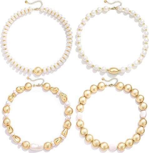BOMAIL 4Pcs Chunky Imitation Pearl Necklaces for Women Layered Choker Set | Chunky Gold Bead Faux Pearl Beaded Necklaces Irregular Pearl Beaded Necklace for Summer Beach Daily Wearing Jewelry Gifts in Saudi Arabia