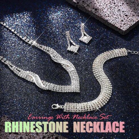 Sixexey Rhinestone Bridal Jewelry Set Silver Wedding Necklace Earrings Prom Costume Jewelry Accessories for Women in Saudi Arabia