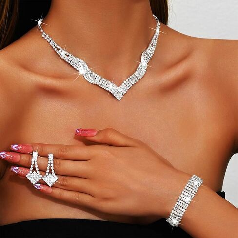 Sixexey Rhinestone Bridal Jewelry Set Silver Wedding Necklace Earrings Prom Costume Jewelry Accessories for Women in Saudi Arabia
