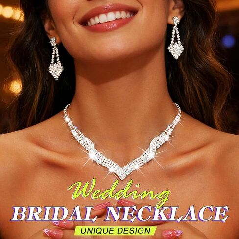 Sixexey Rhinestone Bridal Jewelry Set Silver Wedding Necklace Earrings Prom Costume Jewelry Accessories for Women in Saudi Arabia