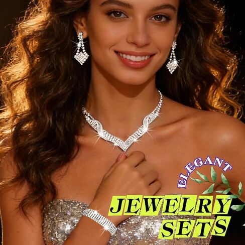 Sixexey Rhinestone Bridal Jewelry Set Silver Wedding Necklace Earrings Prom Costume Jewelry Accessories for Women in Saudi Arabia