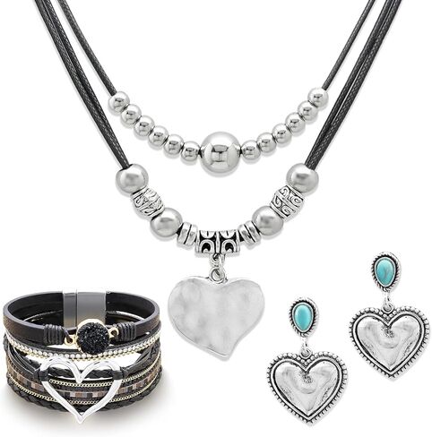 3 Pcs Boho Leather Western Jewelry Set for Women Layered Western Necklaces Heart Charm Choker Boho Crystal Stack Bracelets Cowboy Chic Earrings Cowgirl Accessory Country Concert Outfits in Saudi Arabia