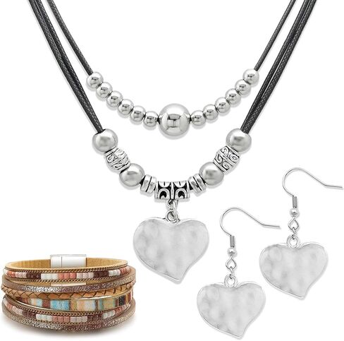 3 Pcs Boho Leather Western Jewelry Set for Women Layered Western Necklaces Heart Charm Choker Boho Crystal Stack Bracelets Cowboy Chic Earrings Cowgirl Accessory Country Concert Outfits in Saudi Arabia