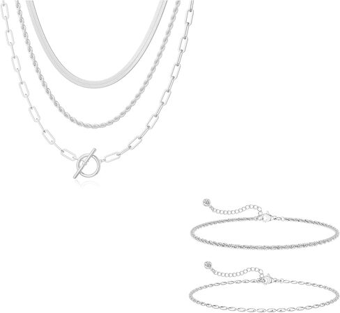 Freekiss 925 Sterling Silver Layered Necklace and Bracelet Set for Women, Dainty Paperclip Chain T-Bar Toggle Necklace with Adjustable Layered Beaded Chain Bracelet, Trendy Stackable Silver Jewelry in Saudi Arabia