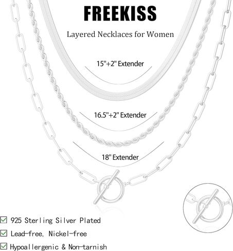 Freekiss 925 Sterling Silver Layered Necklace and Bracelet Set for Women, Dainty Paperclip Chain T-Bar Toggle Necklace with Adjustable Layered Beaded Chain Bracelet, Trendy Stackable Silver Jewelry in Saudi Arabia