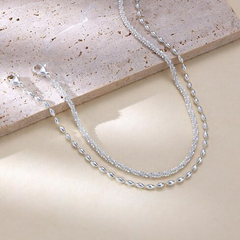 Freekiss 925 Sterling Silver Layered Necklace and Bracelet Set for Women, Dainty Paperclip Chain T-Bar Toggle Necklace with Adjustable Layered Beaded Chain Bracelet, Trendy Stackable Silver Jewelry in Saudi Arabia