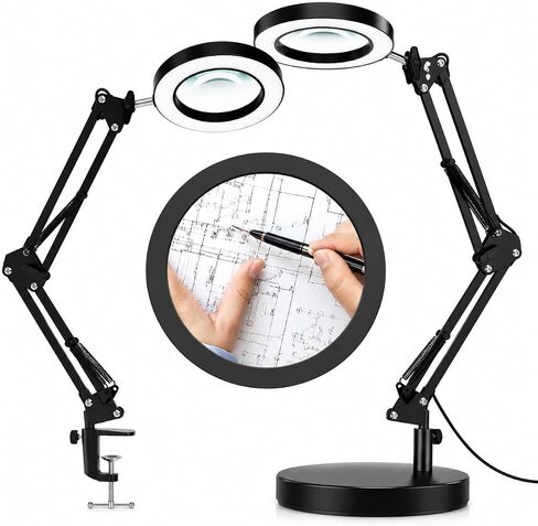 12X Magnifying Glass with Light and Stand, 2-in-1 Lighted Magnifier with Clamp 5 Color Modes LED Desk Lamp,Hands Free for Craft Hobby Reading Painting Sewing Close Work (5 Inches) in Saudi Arabia