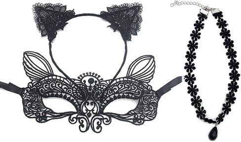 3Pcs Lace Accessories with Black Lace Cat Ears Headband Choker Necklace Masquerade Mask for Women Lady Masquerade Cosplay Party Costume Accessories in Saudi Arabia