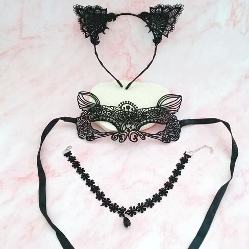 3Pcs Lace Accessories with Black Lace Cat Ears Headband Choker Necklace Masquerade Mask for Women Lady Masquerade Cosplay Party Costume Accessories in Saudi Arabia