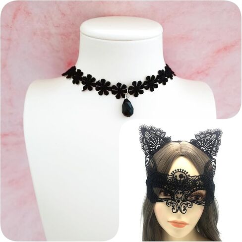 3Pcs Lace Accessories with Black Lace Cat Ears Headband Choker Necklace Masquerade Mask for Women Lady Masquerade Cosplay Party Costume Accessories in Saudi Arabia