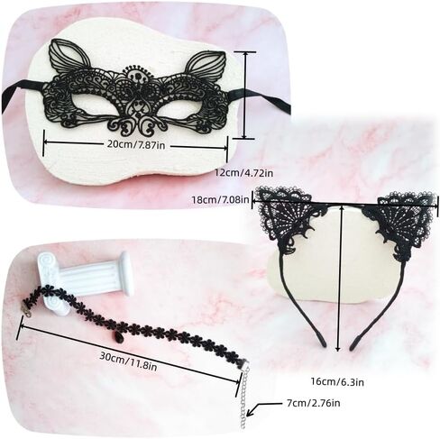 3Pcs Lace Accessories with Black Lace Cat Ears Headband Choker Necklace Masquerade Mask for Women Lady Masquerade Cosplay Party Costume Accessories in Saudi Arabia