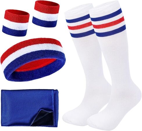 6 Pcs 80s Sweatbands and Striped High Tube Socks Set for Men Women in Saudi Arabia