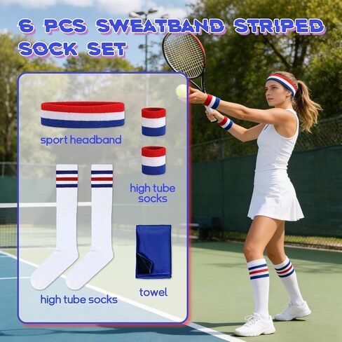 6 Pcs 80s Sweatbands and Striped High Tube Socks Set for Men Women in Saudi Arabia