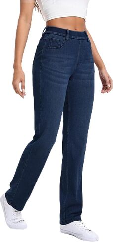 Straight Leg Jeans for Women, Stretch Sweatpant Pull on Jeans Woman High Waisted Tummy Control Breathable Soft Comfy Denim Tall Pants Good for Everyday Wear Inseam 32", Dark Blue, XL in Saudi Arabia