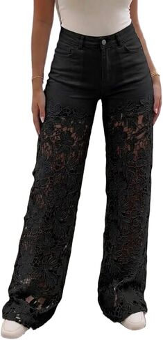 Wide Leg Jeans for Women Spring Summer High Waisted Floral Lace Hollow Out Stretchy Trendy Baggy Denim Pants in Saudi Arabia