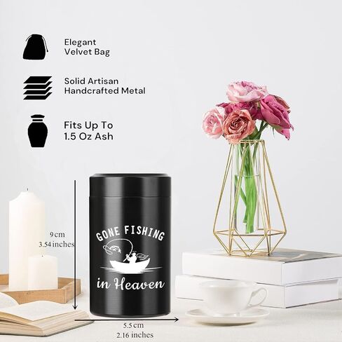 Small Urns for Human Ashes 3.54 Inch Mini Cremation Urn for Ashes Adult Aluminum Gone Fishing Mini Urn Memorial Ashes Keepsake Urn Sharing for Female Male-Black in Saudi Arabia