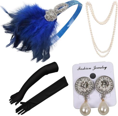 1920s Flapper Accessories Sets Roaring 20s Gatsby Costume Accessories Set for Women (blue feather) in Saudi Arabia