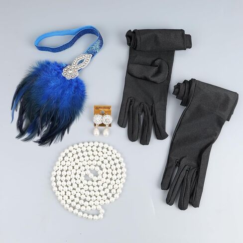 1920s Flapper Accessories Sets Roaring 20s Gatsby Costume Accessories Set for Women (blue feather) in Saudi Arabia