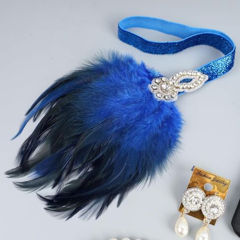 1920s Flapper Accessories Sets Roaring 20s Gatsby Costume Accessories Set for Women (blue feather) in Saudi Arabia