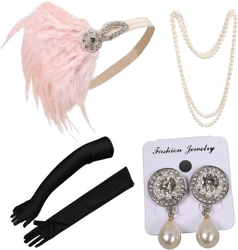 1920s Flapper Accessories Sets Roaring 20s Gatsby Costume Accessories Set for Women (pink feather) in Saudi Arabia
