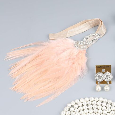 1920s Flapper Accessories Sets Roaring 20s Gatsby Costume Accessories Set for Women (pink feather) in Saudi Arabia