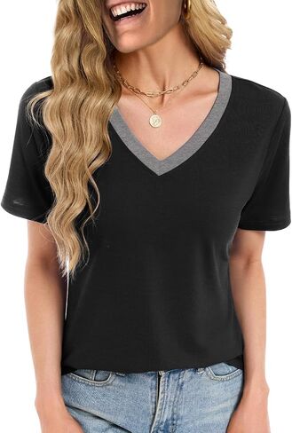 Womens Summer Tops Short Sleeve V Neck T Shirts Dressy Casual Flowy Blouses Plus Size Tunic Work Vacation Boho Outfits in Saudi Arabia