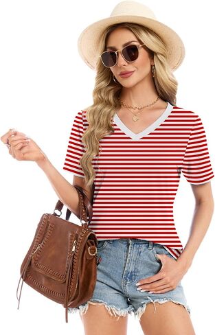 Womens Summer Tops Short Sleeve V Neck T Shirts Dressy Casual Flowy Blouses Plus Size Tunic Work Vacation Boho Outfits in Saudi Arabia
