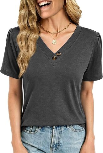 Womens Summer Tops Short Sleeve V Neck T Shirts Dressy Casual Flowy Blouses Plus Size Tunic Work Vacation Boho Outfits in Saudi Arabia