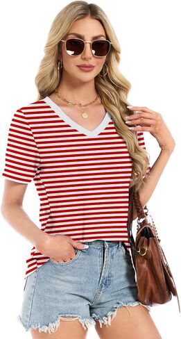 Womens Summer Tops Short Sleeve V Neck T Shirts Dressy Casual Flowy Blouses Plus Size Tunic Work Vacation Boho Outfits in Saudi Arabia