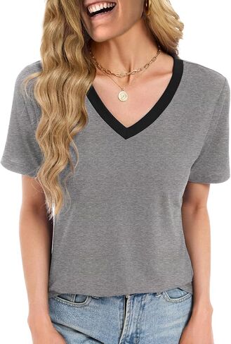 Womens Summer Tops Short Sleeve V Neck T Shirts Dressy Casual Flowy Blouses Plus Size Tunic Work Vacation Boho Outfits in Saudi Arabia
