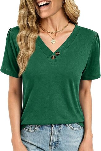 Womens Summer Tops Short Sleeve V Neck T Shirts Dressy Casual Flowy Blouses Plus Size Tunic Work Vacation Boho Outfits in Saudi Arabia