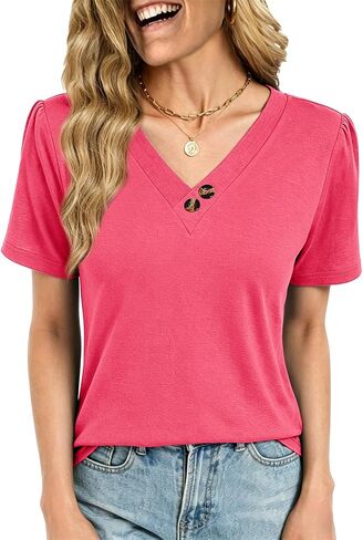 Womens Summer Tops Short Sleeve V Neck T Shirts Dressy Casual Flowy Blouses Plus Size Tunic Work Vacation Boho Outfits in Saudi Arabia