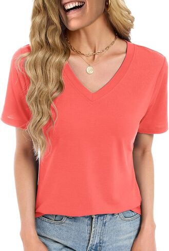 Womens Summer Tops Short Sleeve V Neck T Shirts Dressy Casual Flowy Blouses Plus Size Tunic Work Vacation Boho Outfits in Saudi Arabia