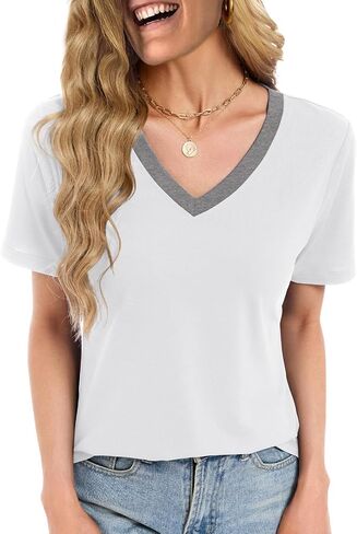 Womens Summer Tops Short Sleeve V Neck T Shirts Dressy Casual Flowy Blouses Plus Size Tunic Work Vacation Boho Outfits in Saudi Arabia