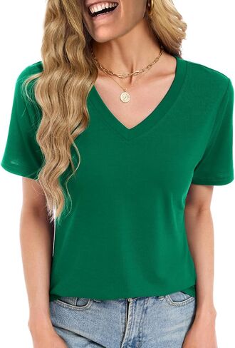 Womens Summer Tops Short Sleeve V Neck T Shirts Dressy Casual Flowy Blouses Plus Size Tunic Work Vacation Boho Outfits in Saudi Arabia