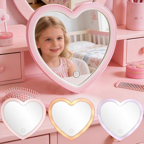 Heart Shaped LED Makeup Mirror – 3 Light Modes, USB Rechargeable, Foldable Vanity Mirror – Portable for Travel or Desk, Cute Birthday Gift for Girls Teens(Pink) in Saudi Arabia