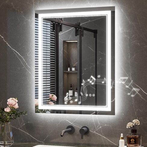 Keonjinn 24" x 30" Lighted Mirrors for Bathroom Wall with Bluetooth Speaker, Frontlit & Backlit LED Bathroom Mirror, Bluetooth Mirror Bathrooms with Dimmable 3-Color Lights, Tempered Glass, Anti-Fog in Saudi Arabia