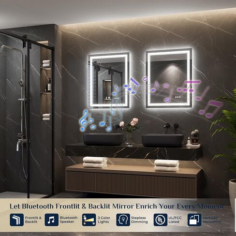 Keonjinn 24" x 30" Lighted Mirrors for Bathroom Wall with Bluetooth Speaker, Frontlit & Backlit LED Bathroom Mirror, Bluetooth Mirror Bathrooms with Dimmable 3-Color Lights, Tempered Glass, Anti-Fog in Saudi Arabia