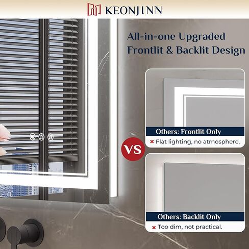 Keonjinn 24" x 30" Lighted Mirrors for Bathroom Wall with Bluetooth Speaker, Frontlit & Backlit LED Bathroom Mirror, Bluetooth Mirror Bathrooms with Dimmable 3-Color Lights, Tempered Glass, Anti-Fog in Saudi Arabia