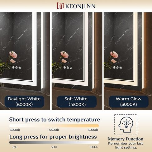 Keonjinn 24" x 30" Lighted Mirrors for Bathroom Wall with Bluetooth Speaker, Frontlit & Backlit LED Bathroom Mirror, Bluetooth Mirror Bathrooms with Dimmable 3-Color Lights, Tempered Glass, Anti-Fog in Saudi Arabia
