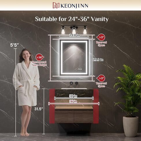 Keonjinn 24" x 30" Lighted Mirrors for Bathroom Wall with Bluetooth Speaker, Frontlit & Backlit LED Bathroom Mirror, Bluetooth Mirror Bathrooms with Dimmable 3-Color Lights, Tempered Glass, Anti-Fog in Saudi Arabia