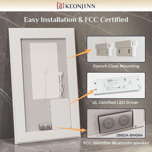Keonjinn 24" x 30" Lighted Mirrors for Bathroom Wall with Bluetooth Speaker, Frontlit & Backlit LED Bathroom Mirror, Bluetooth Mirror Bathrooms with Dimmable 3-Color Lights, Tempered Glass, Anti-Fog in Saudi Arabia
