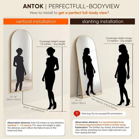 Antok 58" x19" Arched Full Length Floor Mirror, Gold Aluminum Frame, Free Standing/Wall Mount/Leaning for Bedroom, Living Room, Dressing Room in Saudi Arabia