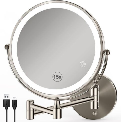 30X/1X Lighted Makeup Mirror with Magnification, 8.5inch 3000mAh Rechargeable Magnifying Mirror with Light, 3 Color Lights,Touch Dimmable,Extended Arm 360 Rotation Wall Mounted Makeup Mirror in Saudi Arabia