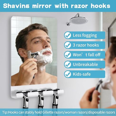 SANTOO Fog Free Shower Mirror, Fogless for Shaving & Washing Your Face - 3M Adhesive with 3 Razor Holders, Shatter-Resistant & Space-Saving (White) in Saudi Arabia