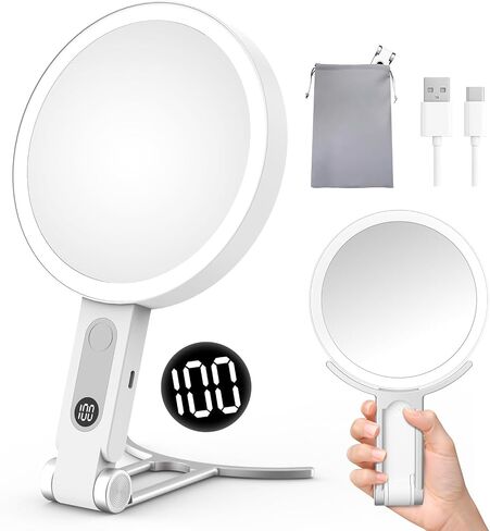 Travel Makeup Mirror with Lights, 1X/20X Magnifying Lighted Makeup Mirror with LED Display ,2-Sided Rechargeable Beauty Mirror with 3 Color Lights & Touch Control, Adjustable Vanity Mirror for Women in Saudi Arabia