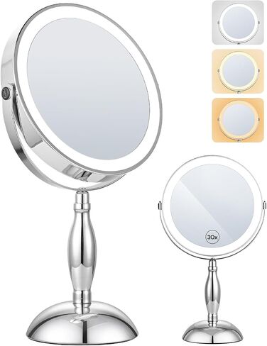 30x Lighted Makeup Mirror with Lights, 8" Double Sided Magnifying Mirror with 3 Color Modes Adjustable Brightness, 5000mAh Rechargeable, 360° Rotation, Side Touch+Side Charging, Vanity Mirror-Chrome in Kuwait